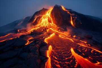 A captivating night scene of a volcanic eruption, featuring bright, glowing lava flowing down the rugged landscape, emphasizing nature's intense and untamed power.