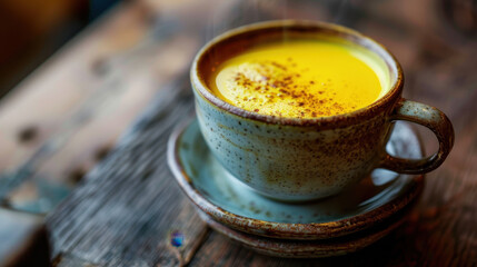 Cozy mug of turmeric golden milk latte on rustic wooden table