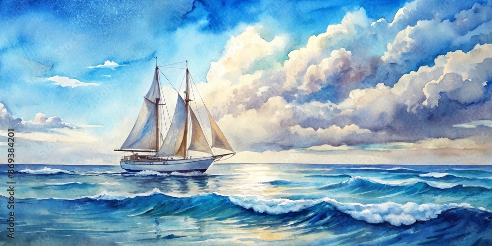 Poster Sailing Away Under a Cloudy Sky - A sailboat glides across the ocean, its white sails catching the wind, while a dramatic sky filled with fluffy white clouds hovers above.