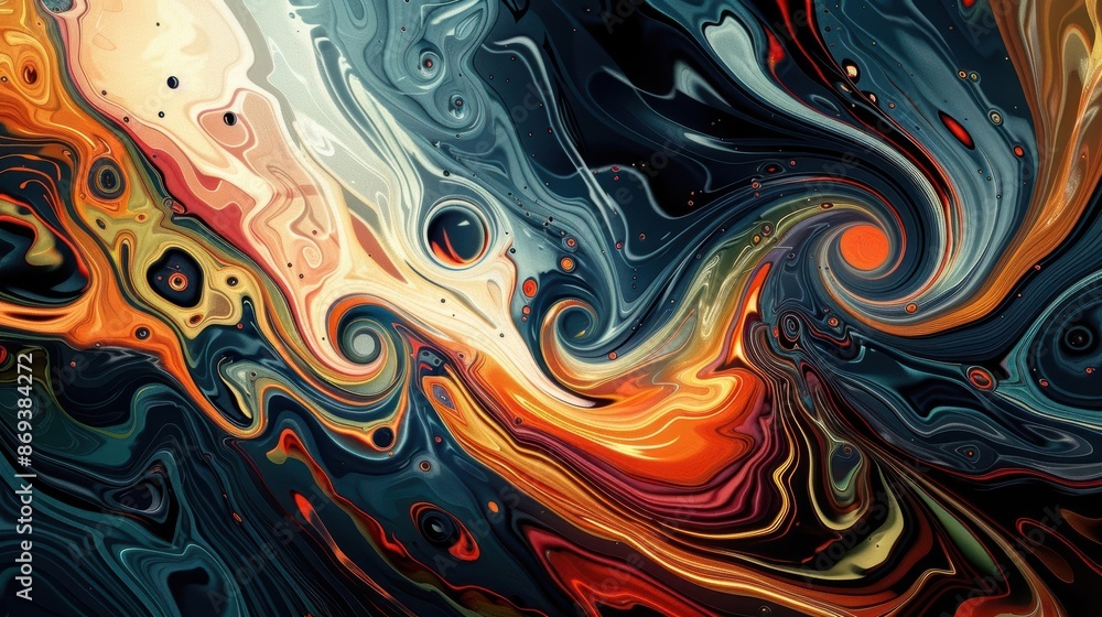 Poster abstract artwork with swirling patterns, bold colors, and a sense of fluid motion creating a captiva