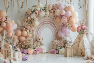 A baby shower with a white tent and pink and white balloons
