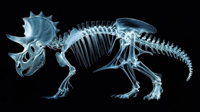 X-ray Image of a Dinosaur Skeleton on a Dark Background