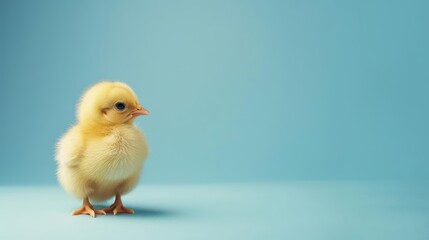 Photorealistic image of a tiny chick sitting on a solid blue background Space above for text Natural lighting highlighting the chicks fluffy feathers