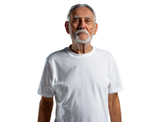 Portrait of a senior man with a white beard wearing a plain white t-shirt mockup. Isolated on a white background.