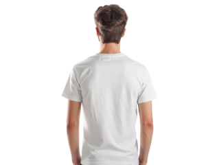Man wearing plain white t-shirt mockup standing with back turned, isolated on white background, displaying casual fashion