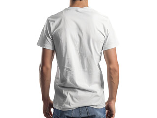Man wearing plain white t-shirt mockup standing with back turned, isolated on white background, displaying casual fashion
