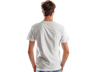 Man wearing plain white t-shirt mockup standing with back turned, isolated on white background, displaying casual fashion