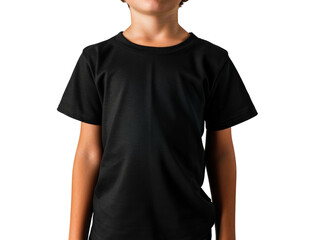 Obraz premium Front view of a young boy wearing a plain black t-shirt mockup and blue jeans, isolated on a black background.