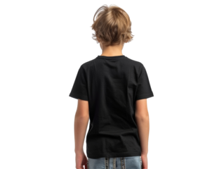 Rear view of a young boy wearing a black T-shirt mockup and jeans, standing against a white background.