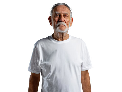 Portrait of a senior man with a white beard wearing a plain white t-shirt mockup. Isolated on a white background.
