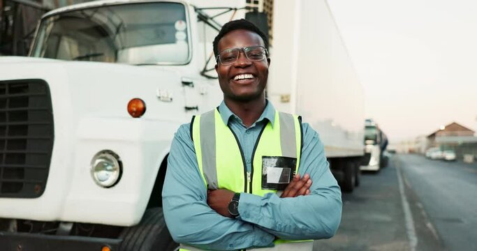 Man, face and truck for shipping with arms crossed, smile or pride for delivery in commercial logistics. African person, driver and happy by freight lorry in industry, supply chain or trailer in road
