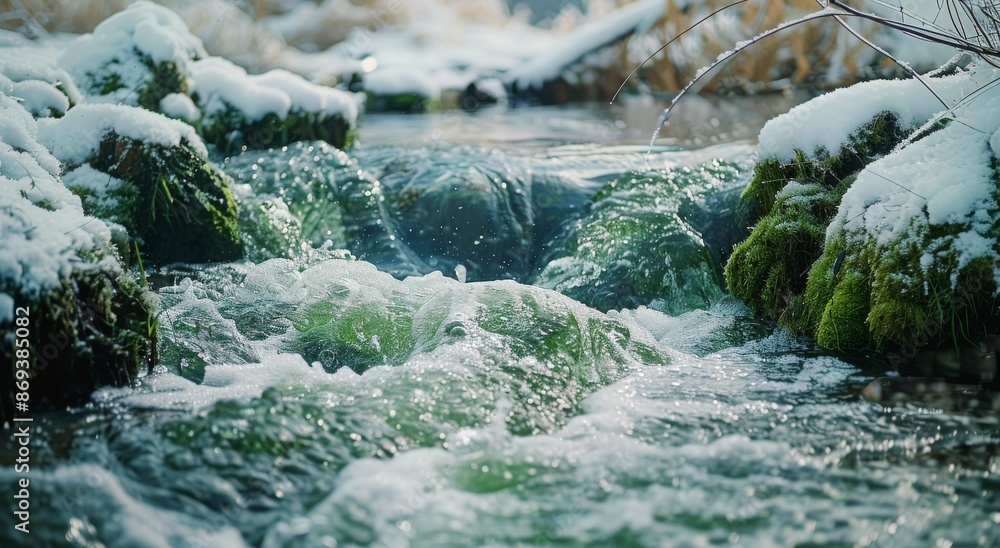 Wall mural Snowy Winter Scene With Mossy Rocks and a Forest Stream