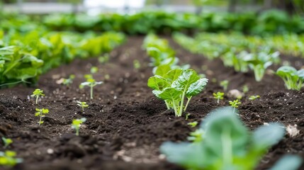A close-up image of a small vegetable garden with various young plants growing in the soil.