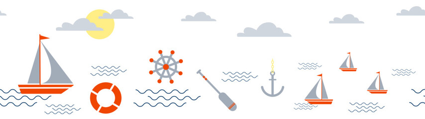 Summer travel sea concept vector seamless horizontal long background with ship or yacht, seagull and waves, paddle, anchor and steering wheel.
