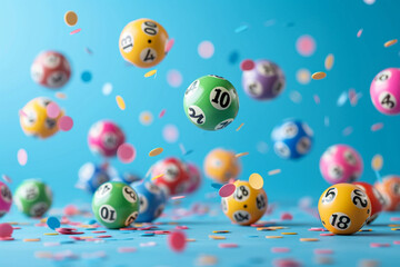 Lottery Balls Flying on Blue Background"