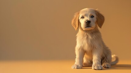 Highdefinition render of a cute puppy sitting on a solid beige background Space above for text Warm lighting highlighting the puppys fur
