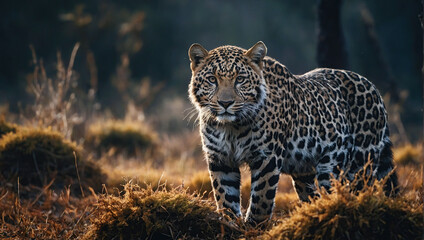 Obraz premium A leopard stands in a golden field, its intense gaze focused on the camera, showcasing its regal presence.