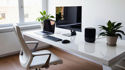 Home Office: Depictions of remote work setups, including minimalist desks, stylish home offices, and tech gadgets. A sleek, modern home office setup featuring a minimalist white desk with clean lines,