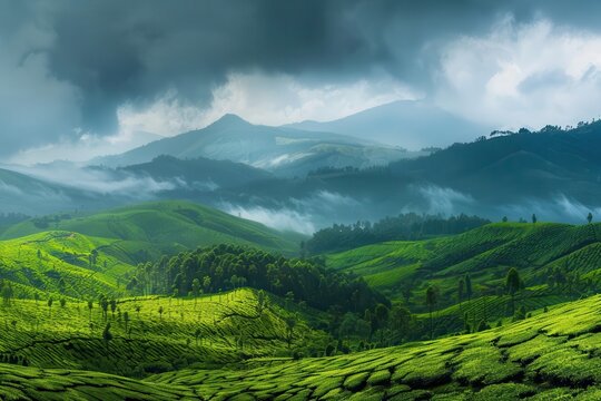 panoramic view of lush green tea plantations in munnar india rolling hills landscape travel photography