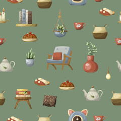 Seamless pattern coziness interior items
