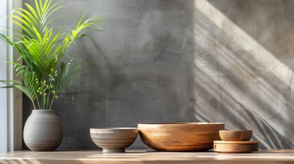 Minimalist wooden bowls with a potted plant