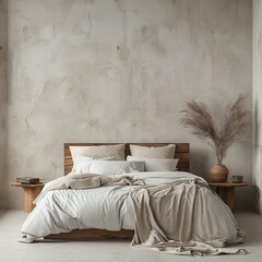 minimalist interior of a bedroom in front of empty wall