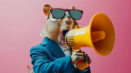 Fototapeta premium adorable and Fashionable squirel Wearing tuxedo and Sunglasses Holding Megaphone Against pink Background