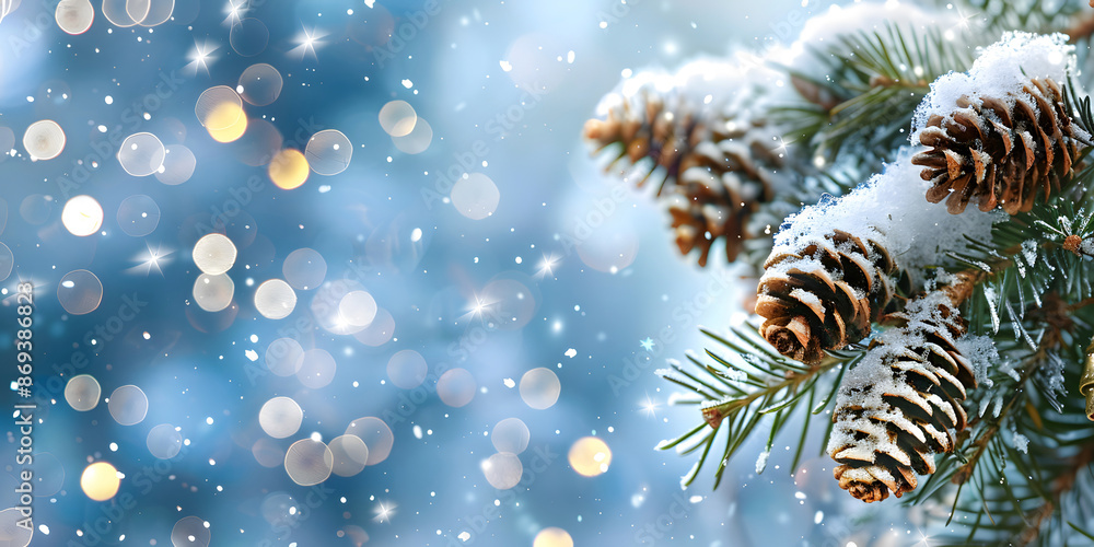 Poster christmas tree with cones in a snowy forest