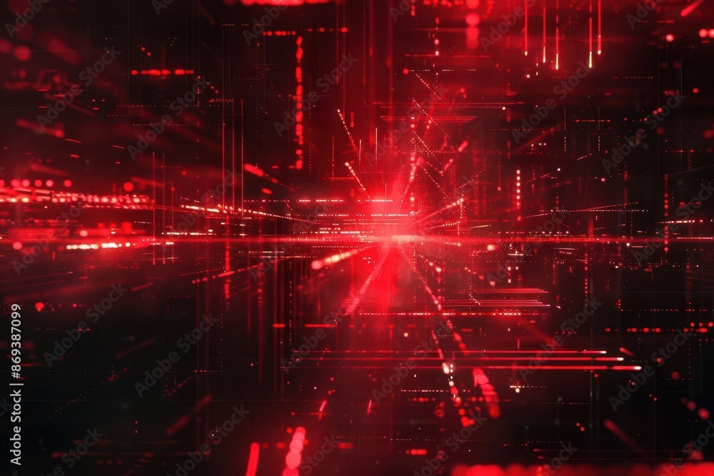 Poster pulsating neon red cyber attack epicenter glitch in cyberspace natural light abstract background