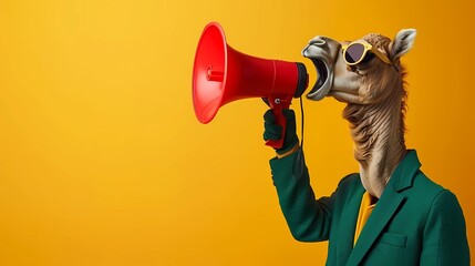 Fototapeta premium adorable and Fashionable camel Wearing tuxedo and Sunglasses Holding Megaphone Against yellow Background 