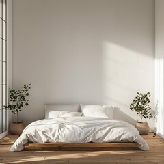 interior of bedroom with bed in front of empty wall