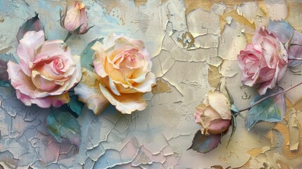 A wall with a floral design and a few roses