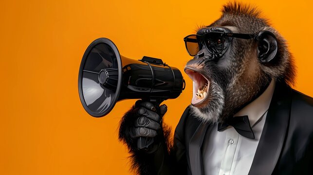 Fashionable ape Wearing tuxedo and Sunglasses Holding Megaphone Against yellow Background	