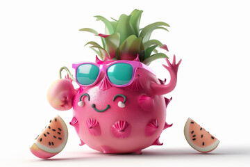 Obraz premium A cheerful pink fruit character with pineapple hair, sunglasses, and watermelon slices.