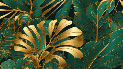 Obraz premium Seamless pattern of floral, green, gold. Pastel vintage theme.