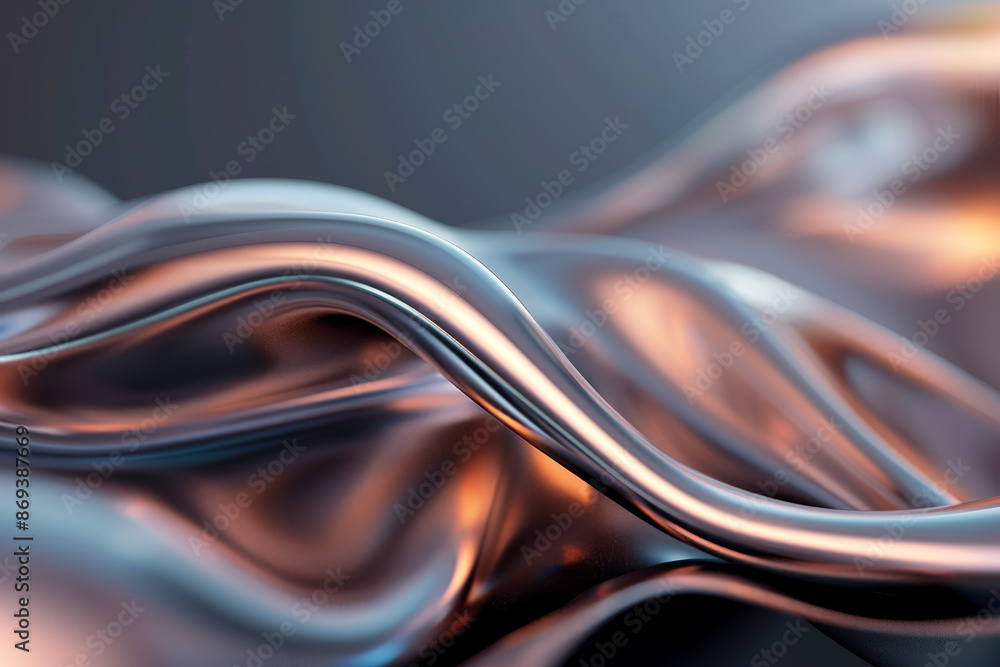 Poster abstract close-up of fluid, metallic waves and smooth textures with warm lighting, showcasing elegan