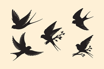 Set of black bird's silhouettes. Vector art illustration.