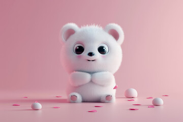 Obraz premium Adorable fluffy white teddy bear with wide eyes, sitting on a pink background surrounded by pink heart confetti and small white balls.