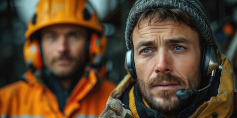 Dos hombres 40s con gorro, casco, barba corta, operarios trabajadores industriales con auriculares de comunicaciones, head phone set, con chaqueta naranja impermeable, visto de frente, primer plano