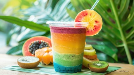 A colorful smoothie with layers of different fruits, served in a clear glass with a straw, placed on a tropical background