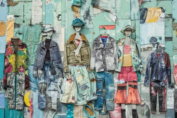 Fototapeta premium versatility of upcycled clothing, modeling stylish outfits made from repurposed materials, unique textures, colors, and designs that can be achieved through upcycling techniques