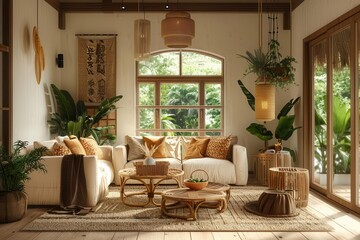 rustic home interior mockup with rattan furniture and decor in living room 3d render