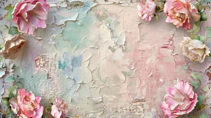 A wall with a floral design and a few roses
