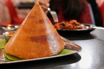 Dosa, ghee roast with coconut chutney sambar popular South Indian Breakfast, Mysore Bangalore Karnataka  Kerala, Tamil Nadu India. Top view of Masala dosa, pancake stuffed with potato curry side dish.