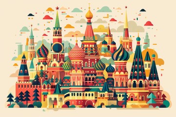 Naklejka premium red square in Moscow, Russia landmarks architecture flat illustration, World Russian language day