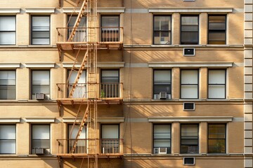 Obraz premium This image shows the exterior of a vintage beige brick apartment building with multiple windows and fire escape ladders, bathed in warm sunlight, highlighting its classic architecture.