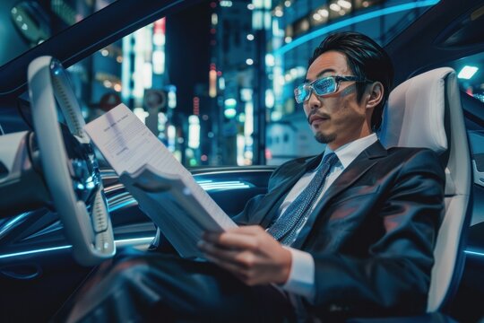 Businessman reading newspaper in self-driving car