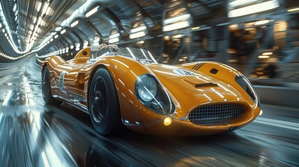 Fototapeta premium a racing car driving in a dark tunnel, in the style of candid shots of famous figures, dark white and light orange, precisionist art, full body