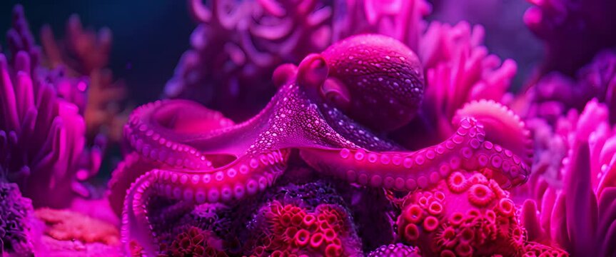 The magnificent octopus perfectly accepts the color of the purple coral reef 