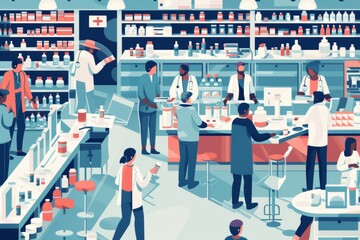 Obraz premium healthcare insurance, doctor and patient, prescription drugs clinic flat illustration, pharmacy